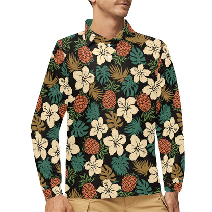 Hawaiian Themed Pattern Print Design H08 Long Sleeve Polo Shirt For Men's