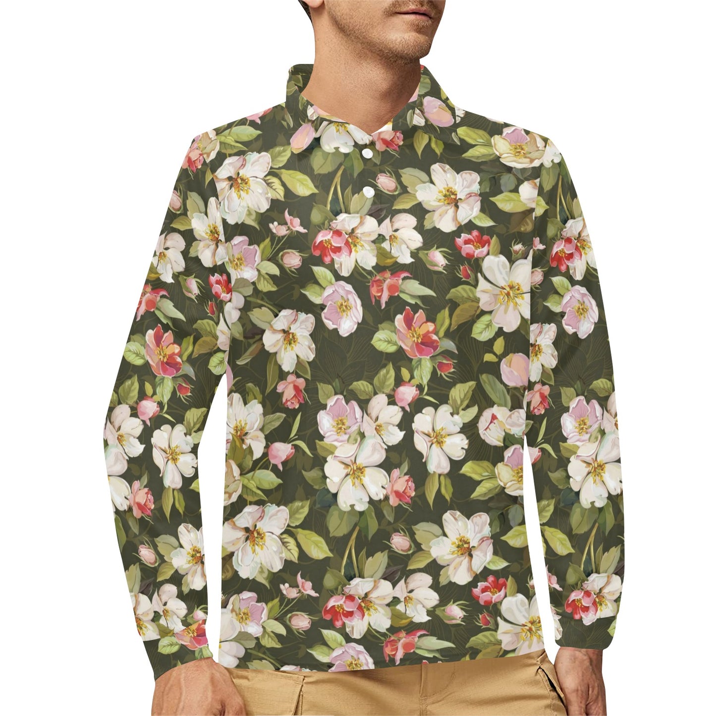 Apple blossom Pattern Print Design AB01 Long Sleeve Polo Shirt For Men's