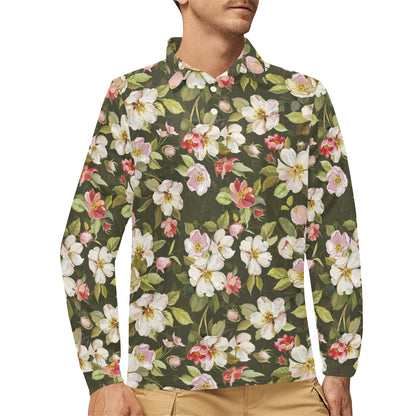 Apple blossom Pattern Print Design AB01 Long Sleeve Polo Shirt For Men's