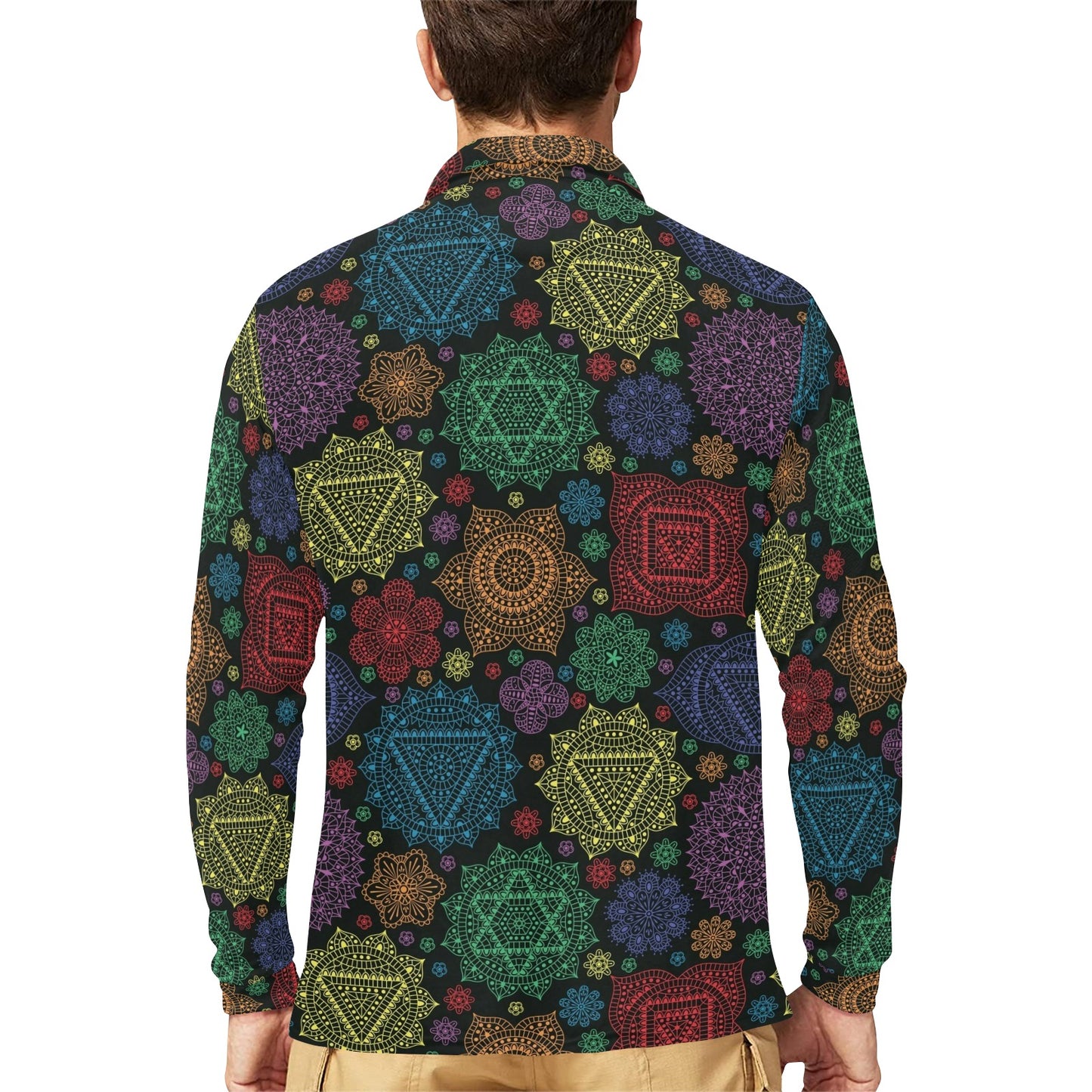Chakra Mandala Print Pattern Long Sleeve Polo Shirt For Men's