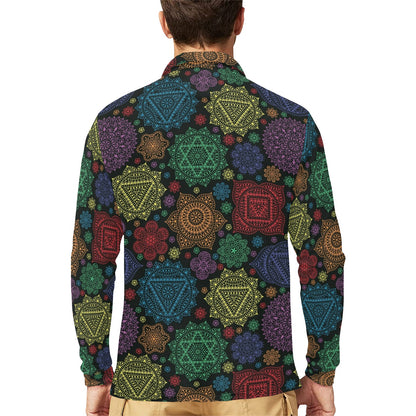 Chakra Mandala Print Pattern Long Sleeve Polo Shirt For Men's