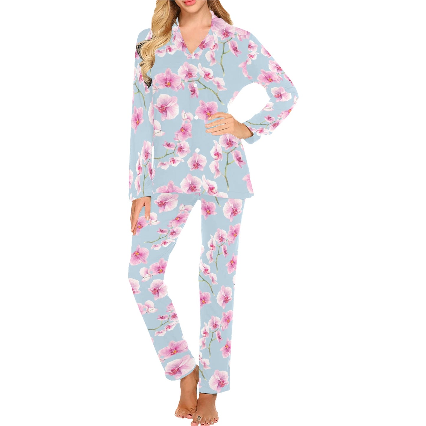 Orchid Pink Pattern Print Design OR01 Women's Long Pajama Set