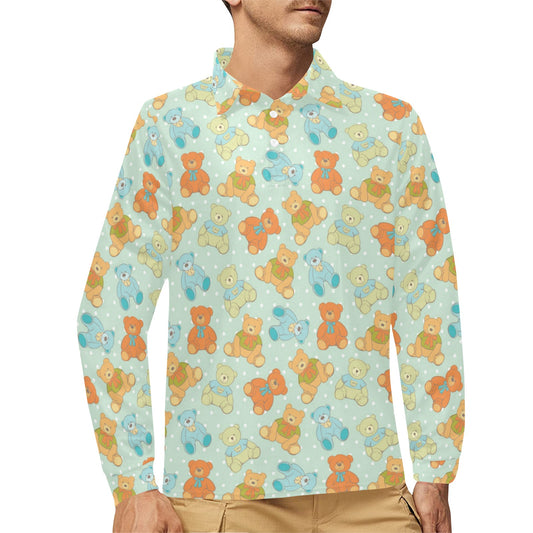 Bear Pattern Print Design 02 Long Sleeve Polo Shirt For Men's