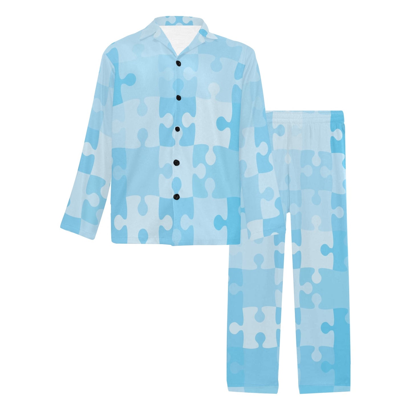 Puzzle Blue Pattern Print Design A04 Men's Long Pajama Set