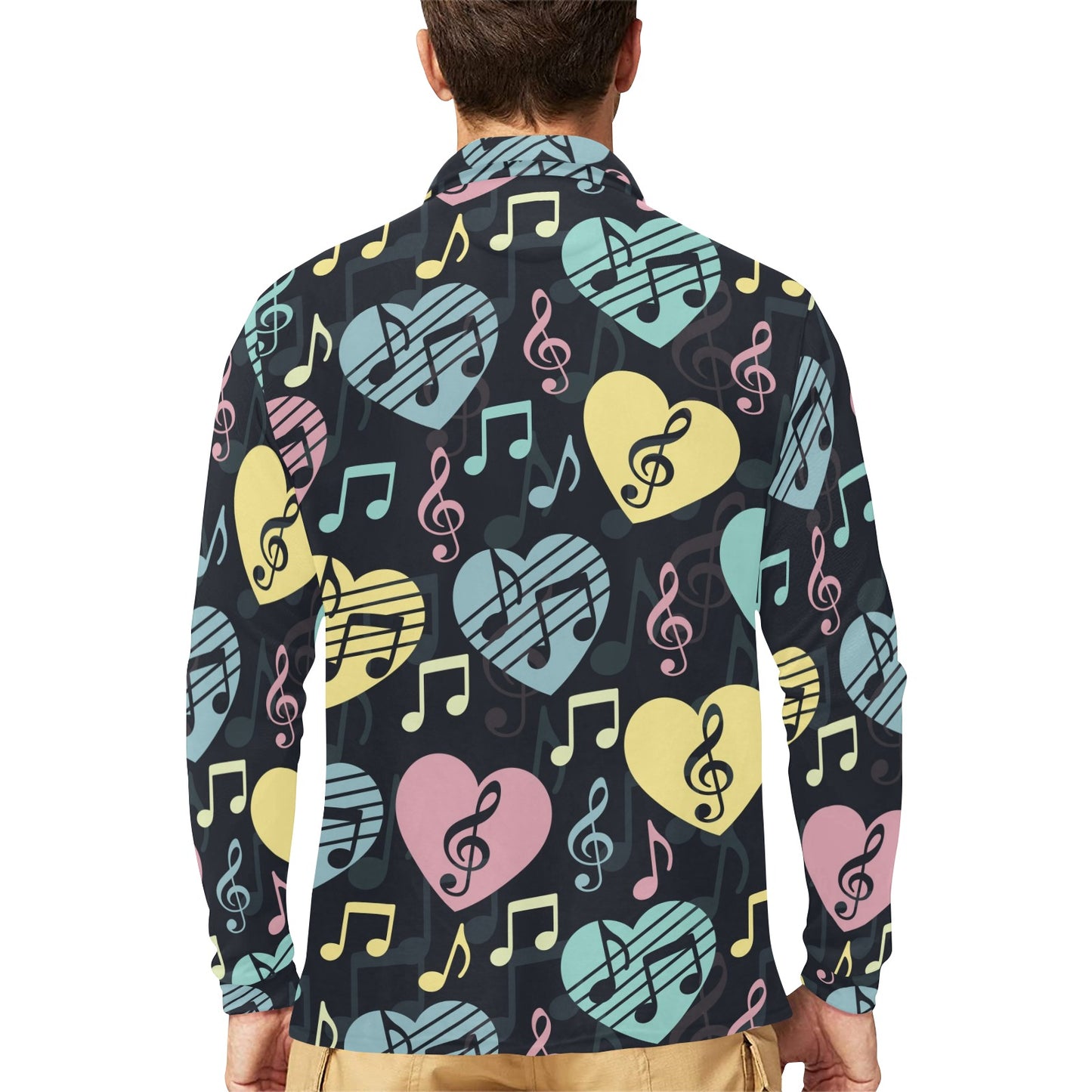 Music note Pattern Print Design A03 Long Sleeve Polo Shirt For Men's