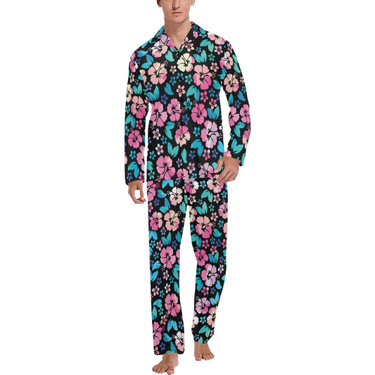 Pink Hibiscus Hawaiian Flower Men's Long Pajama Set