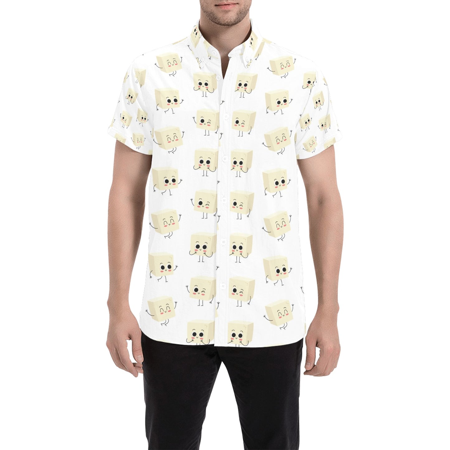 Tofu Print Design LKS301 Men Short Sleeve Button Up Shirt
