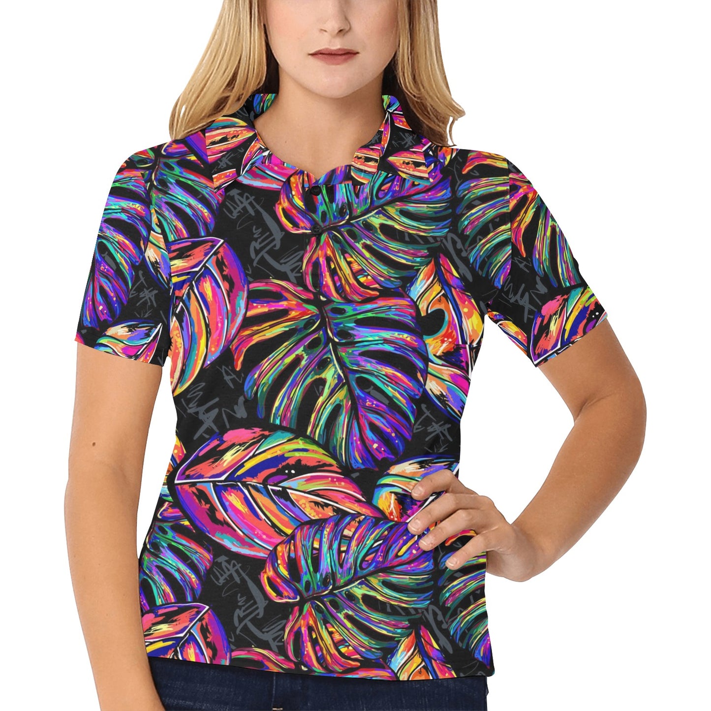 Neon Color Tropical Palm Leaves Women's Polo Shirt