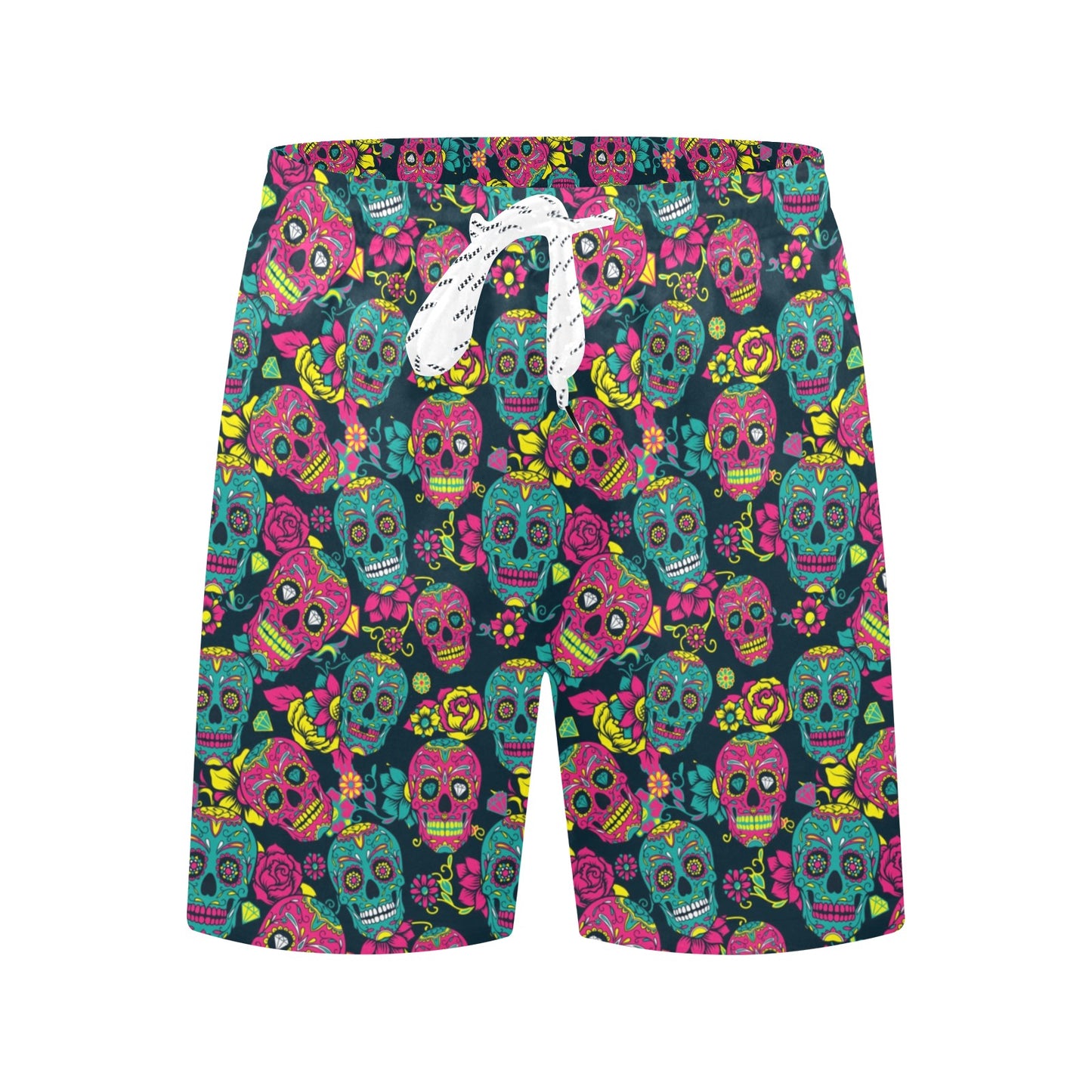 Sugar Skull Floral Design Themed Print Men's Swim Trunks Beach Shorts