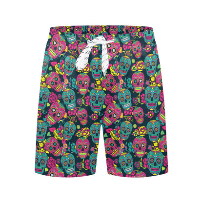 Sugar Skull Floral Design Themed Print Men's Swim Trunks Beach Shorts