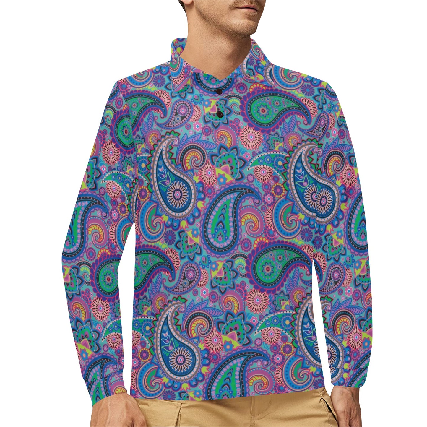 Paisley Colorful Pattern Print Design A02 Long Sleeve Polo Shirt For Men's