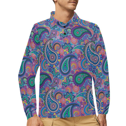 Paisley Colorful Pattern Print Design A02 Long Sleeve Polo Shirt For Men's