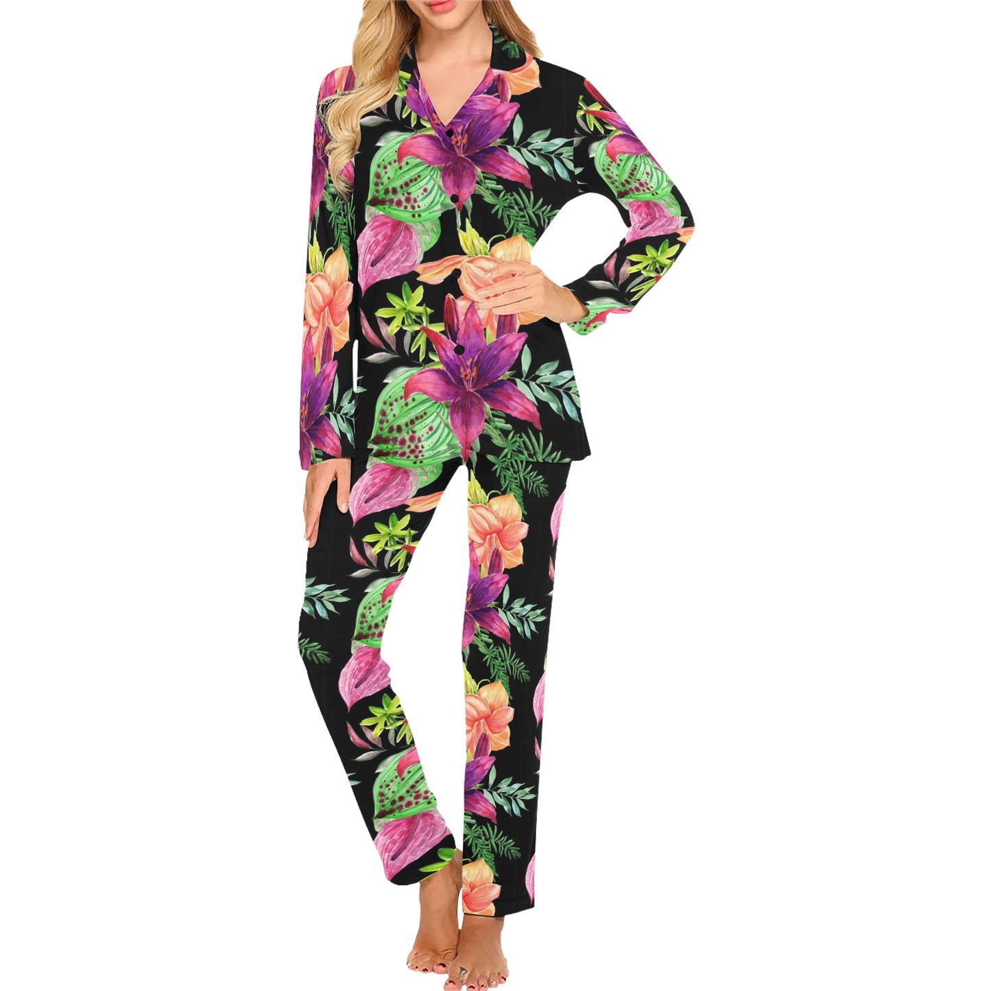 Amaryllis Pattern Print Design AL09 Women's Long Pajama Set