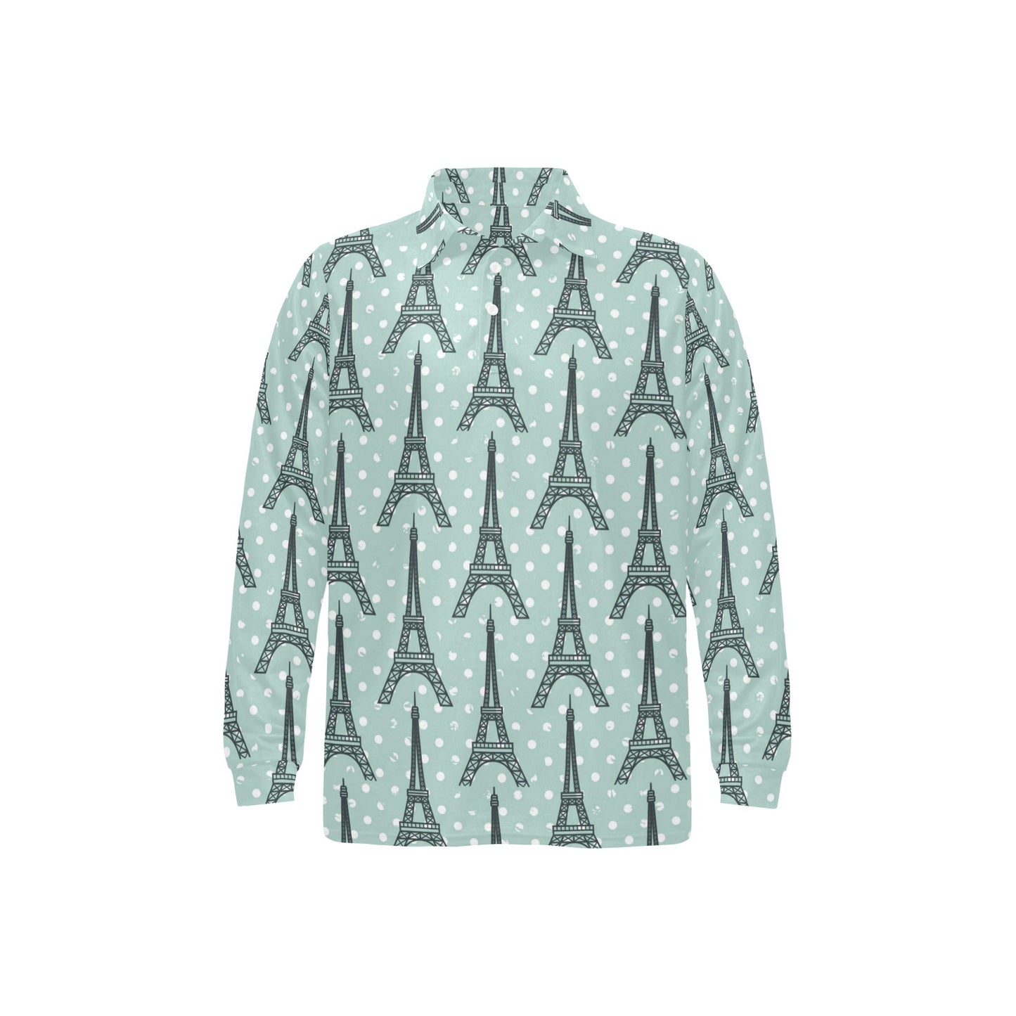 Eiffel Tower Polka Dot Print Long Sleeve Polo Shirt For Men's