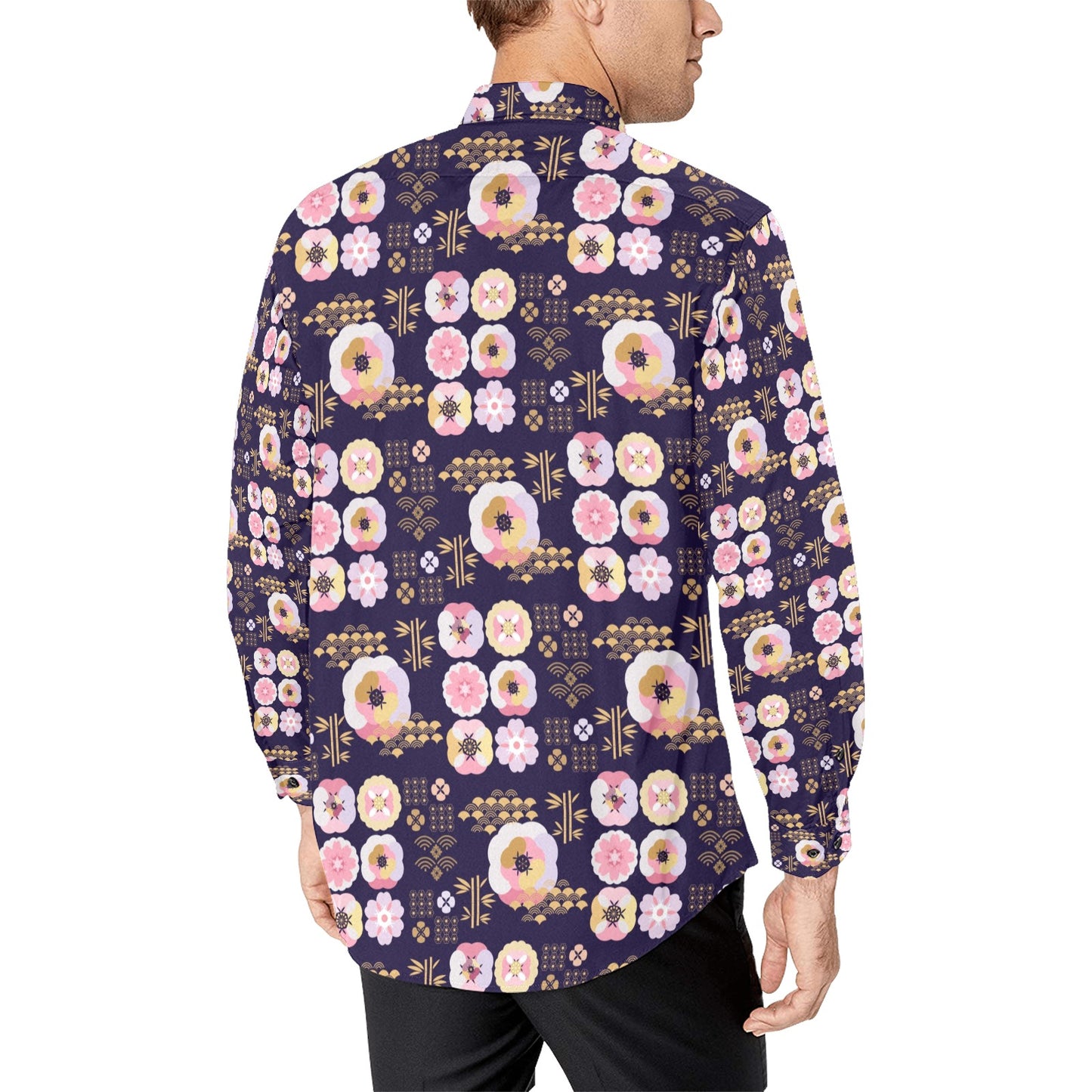 Sakura Japan Style Print Design LKS302 Men's Long Sleeve Dress Shirt