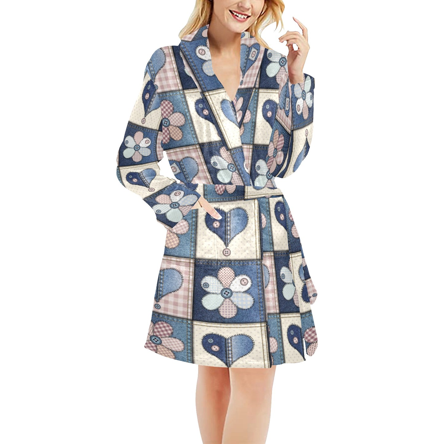 Patchwork Heart Flower Pattern Print Design 01 Women's Fleece Robe