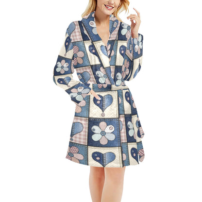 Patchwork Heart Flower Pattern Print Design 01 Women's Fleece Robe