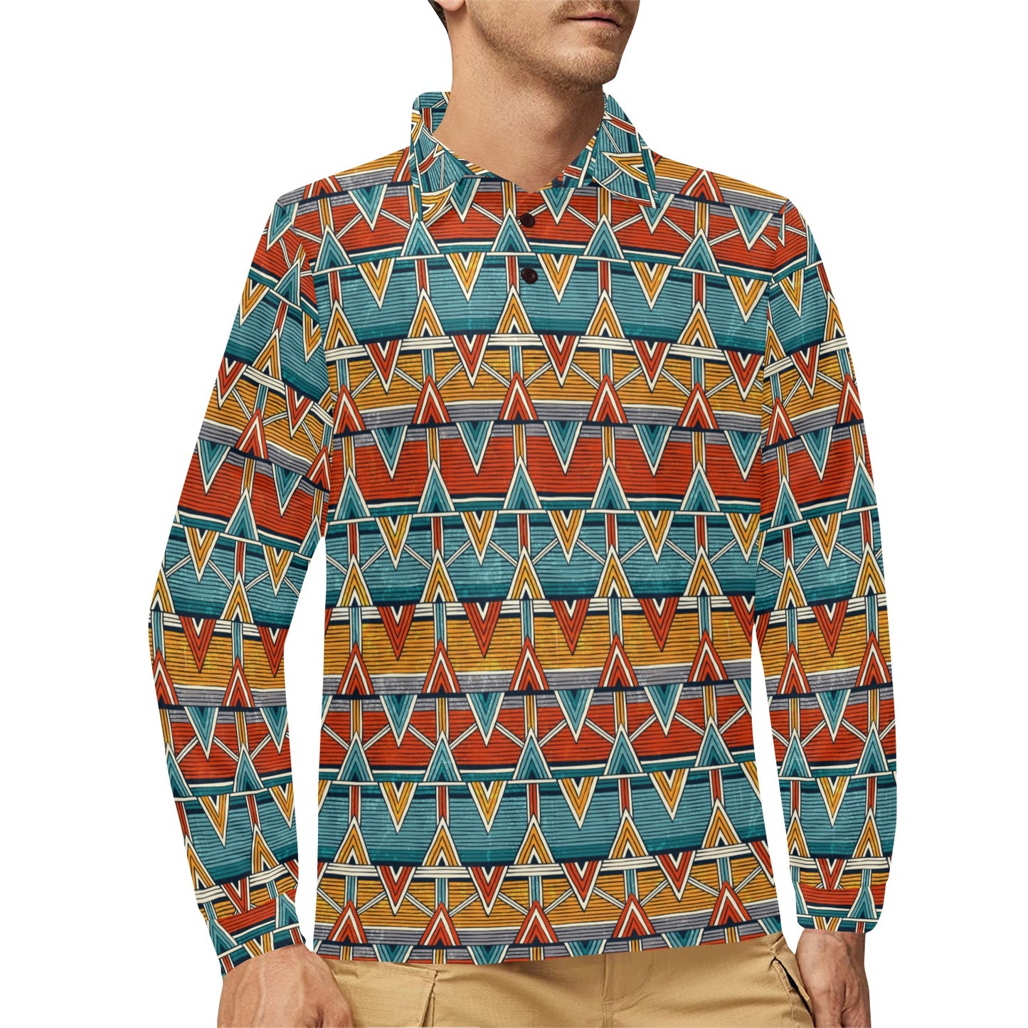 Kente Print African Design Themed Long Sleeve Polo Shirt For Men's
