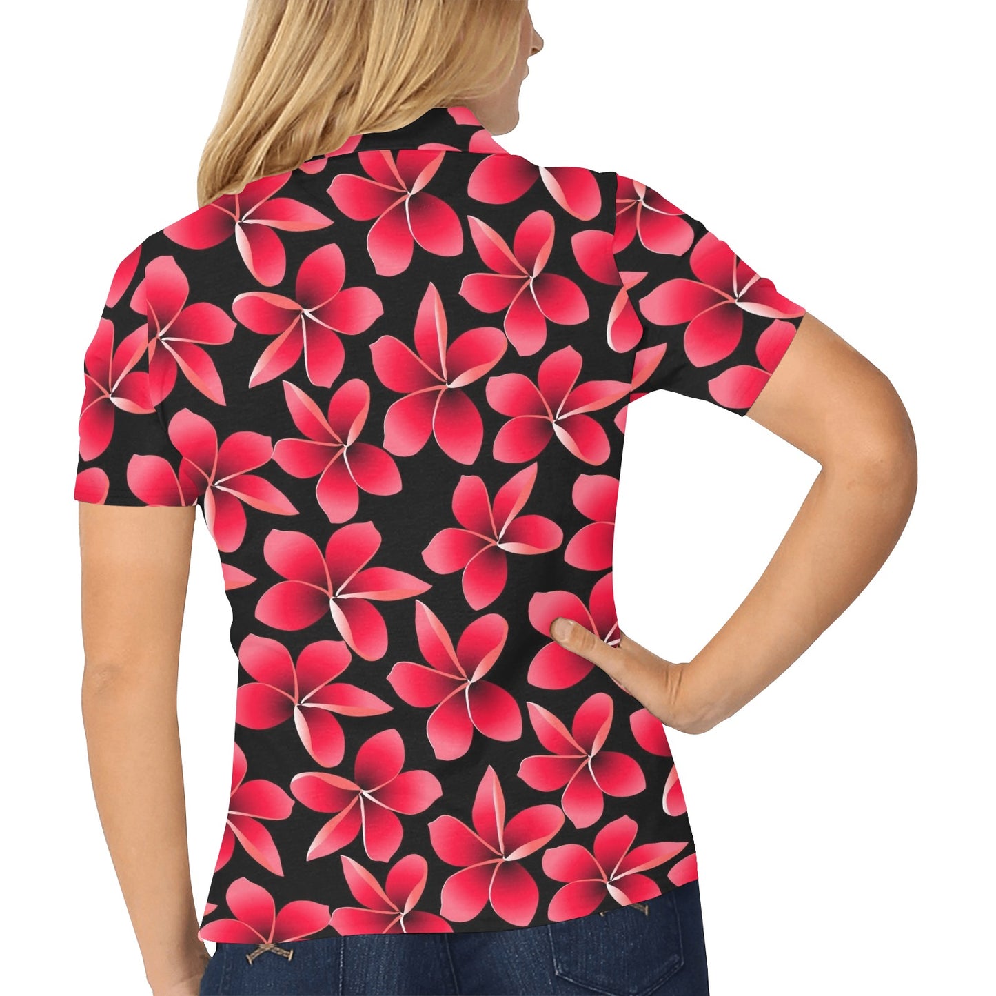 Red Plumeria Pattern Print Design PM025 Women's Polo Shirt