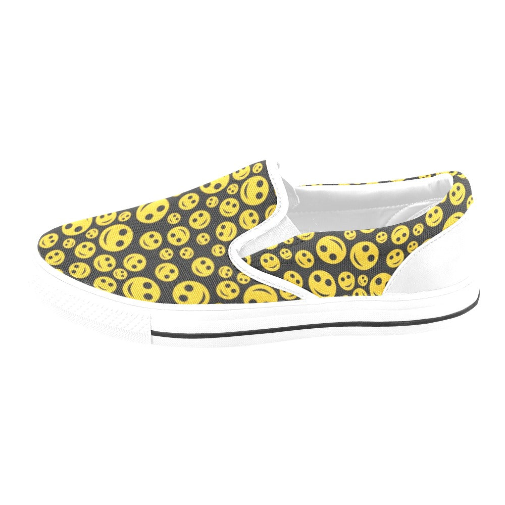 Smiley Face Emoji Print Design LKS304 White Slip Ons Canvas Women's Shoes