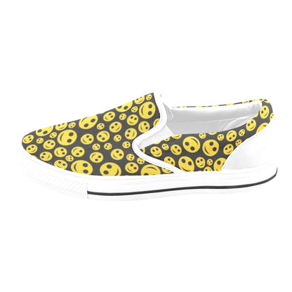 Smiley Face Emoji Print Design LKS304 White Slip Ons Canvas Women's Shoes