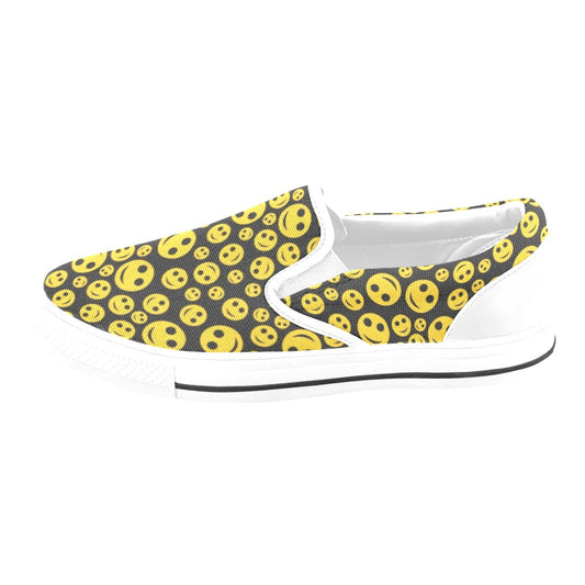 Smiley Face Emoji Print Design LKS304 White Slip Ons Canvas Women's Shoes