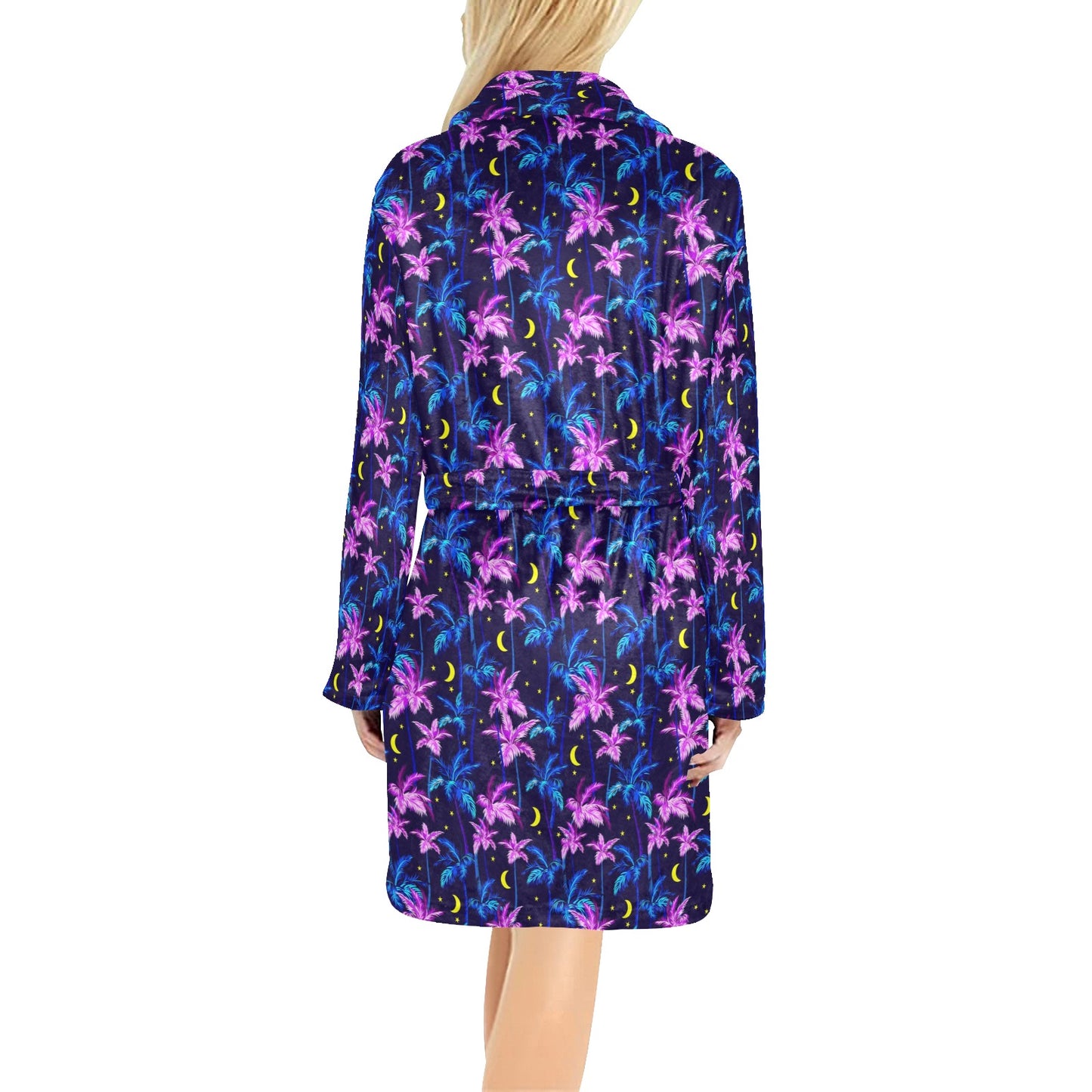 Palm Tree Night Scene Design Print Women's Fleece Robe
