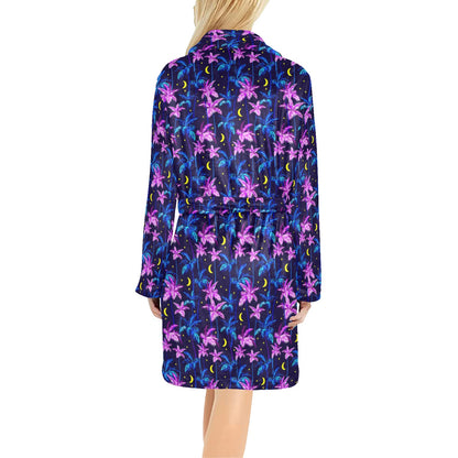 Palm Tree Night Scene Design Print Women's Fleece Robe