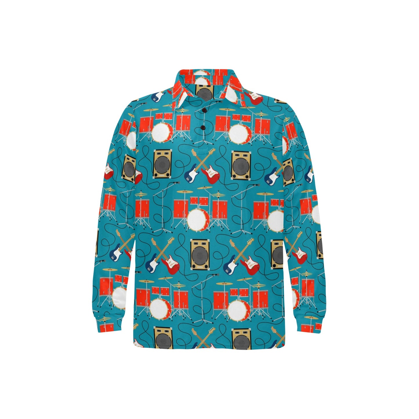 Drum Set Guitar Pattern Print Design 02 Long Sleeve Polo Shirt For Men's