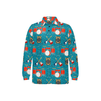 Drum Set Guitar Pattern Print Design 02 Long Sleeve Polo Shirt For Men's