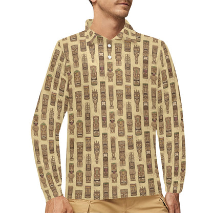 Totem Tiki Style Themed Design Long Sleeve Polo Shirt For Men's