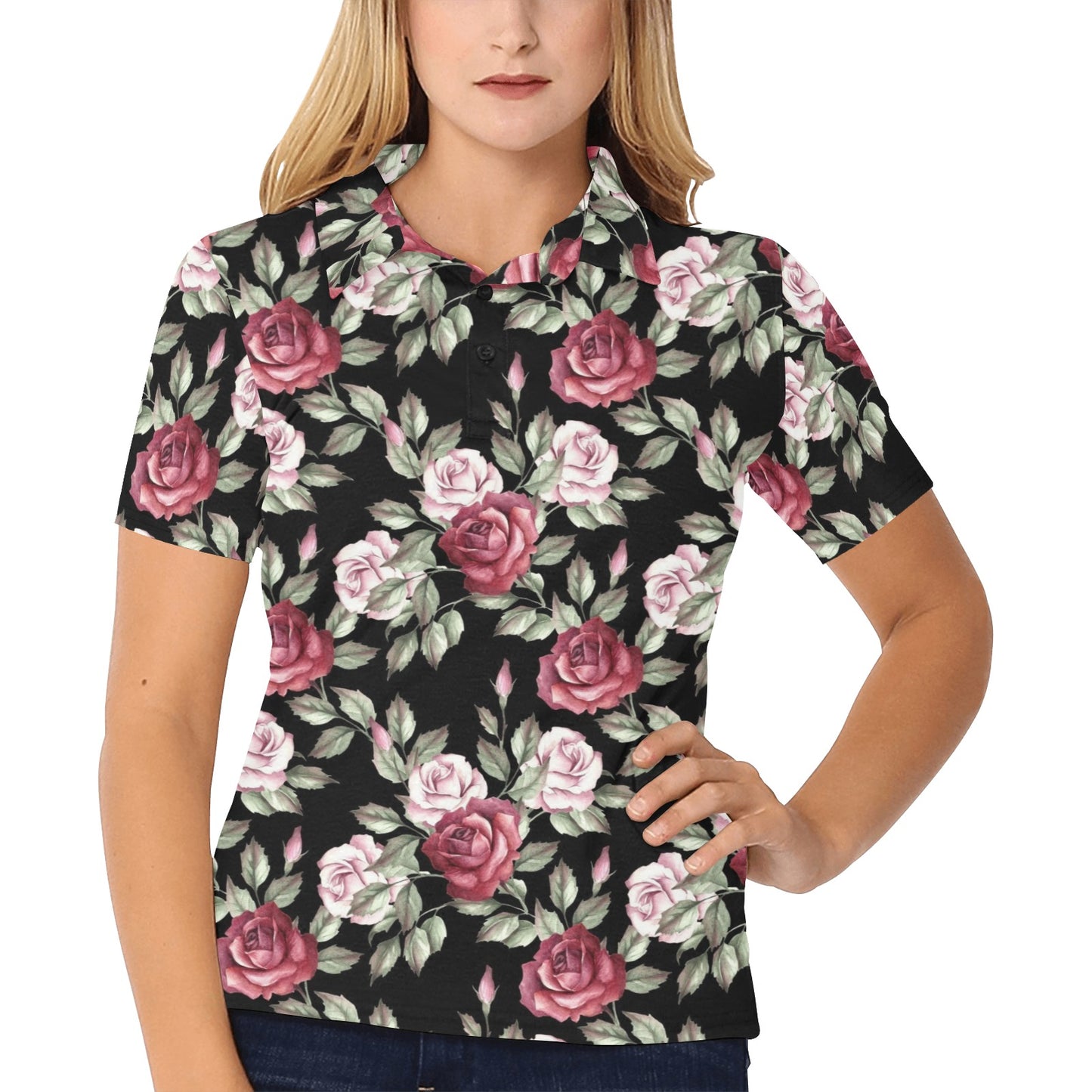 Rose Red Pink Pattern Print Design RO03 Women's Polo Shirt