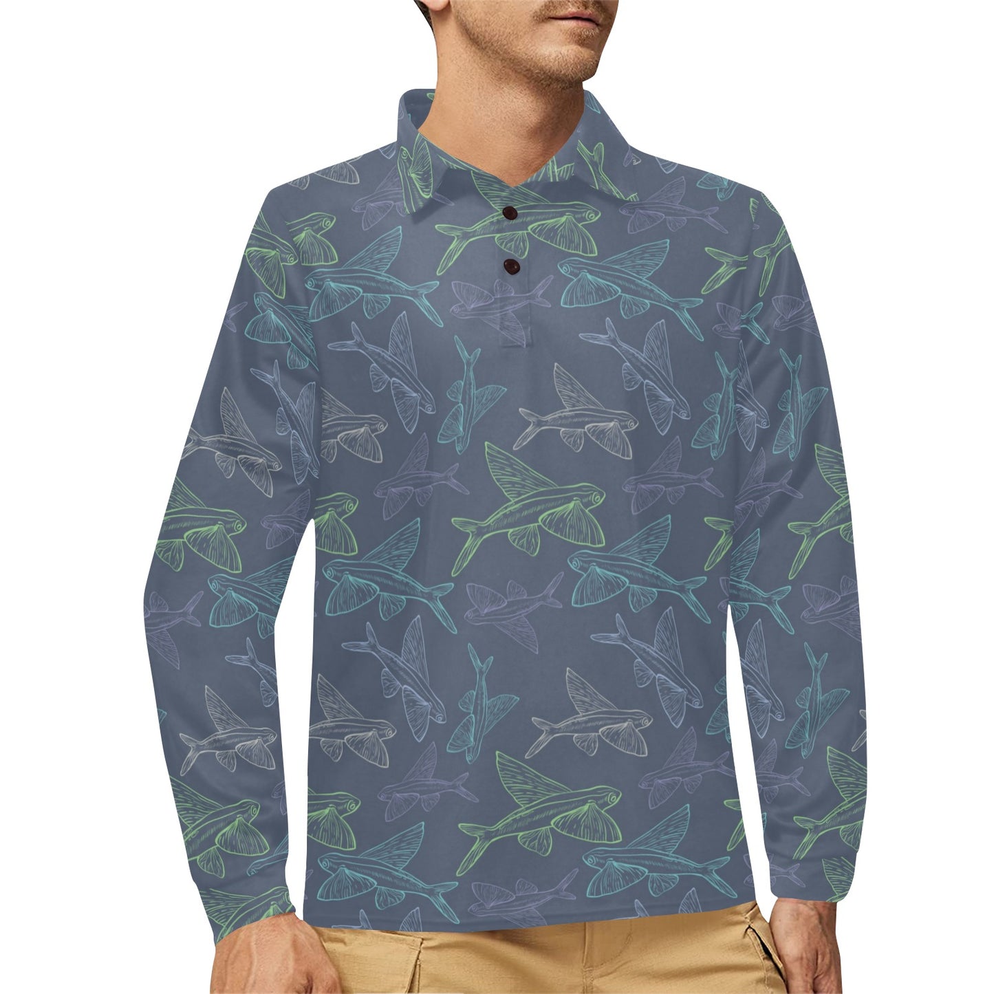 Flying Fish Pattern Print Design 02 Long Sleeve Polo Shirt For Men's