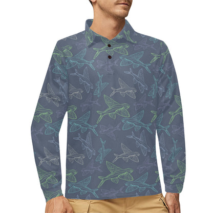 Flying Fish Pattern Print Design 02 Long Sleeve Polo Shirt For Men's