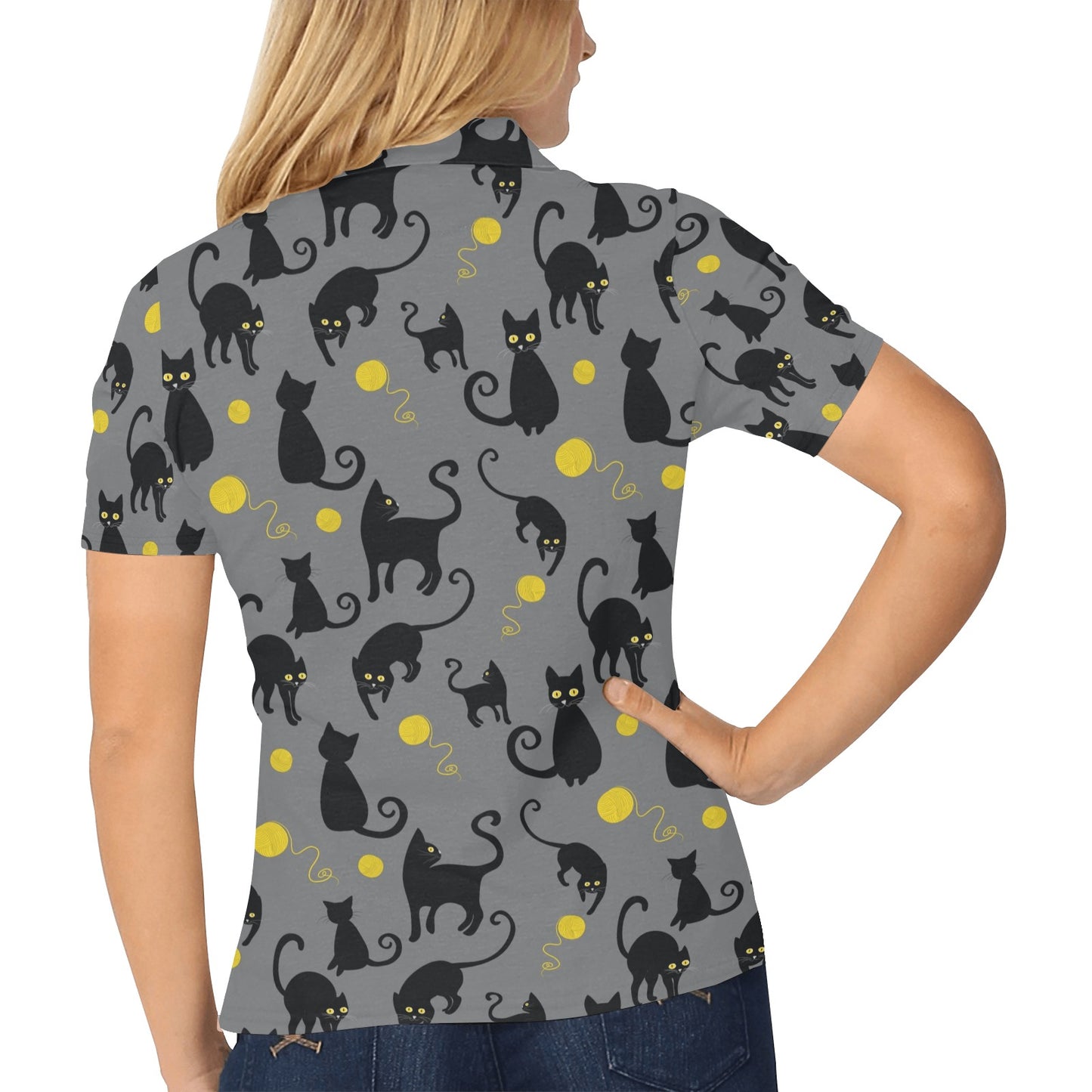 Black Cat Yellow Yarn Print Pattern Women's Polo Shirt