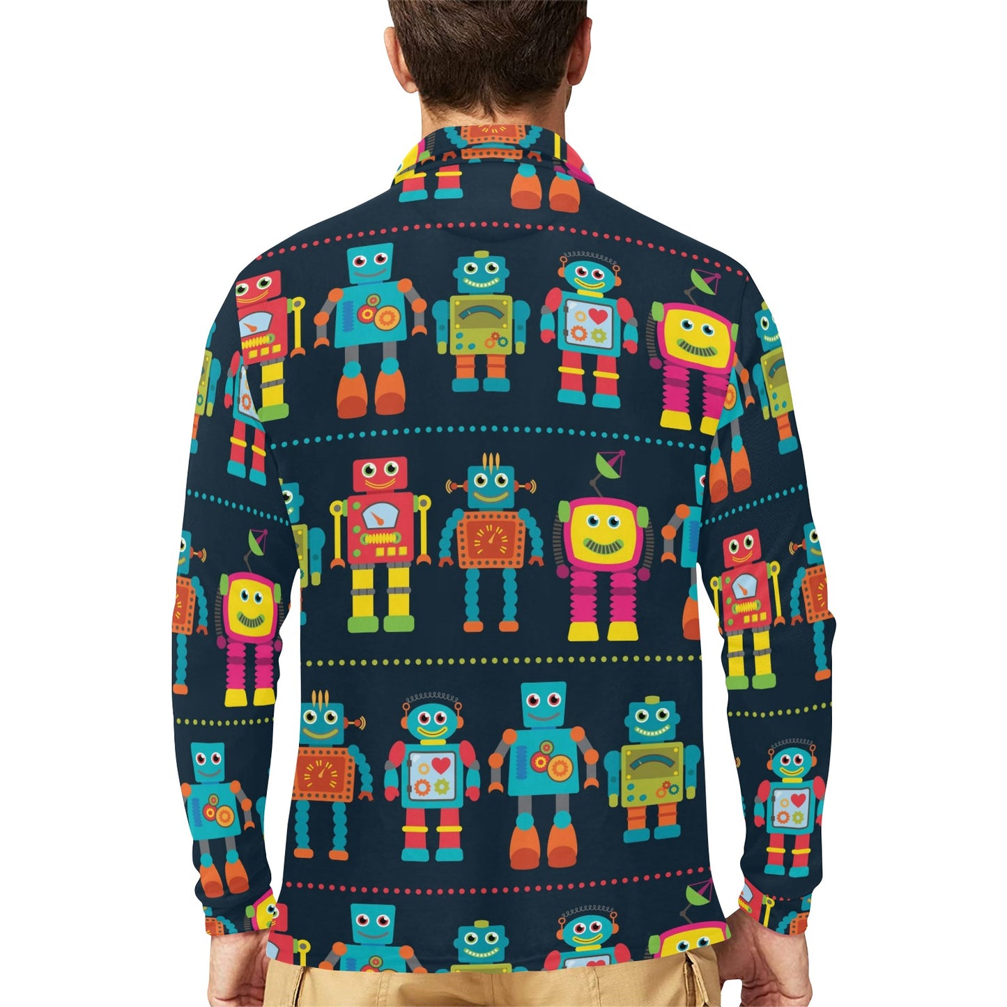 Robot Pattern Print Design A01 Long Sleeve Polo Shirt For Men's