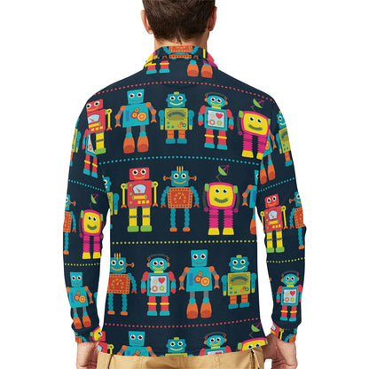 Robot Pattern Print Design A01 Long Sleeve Polo Shirt For Men's