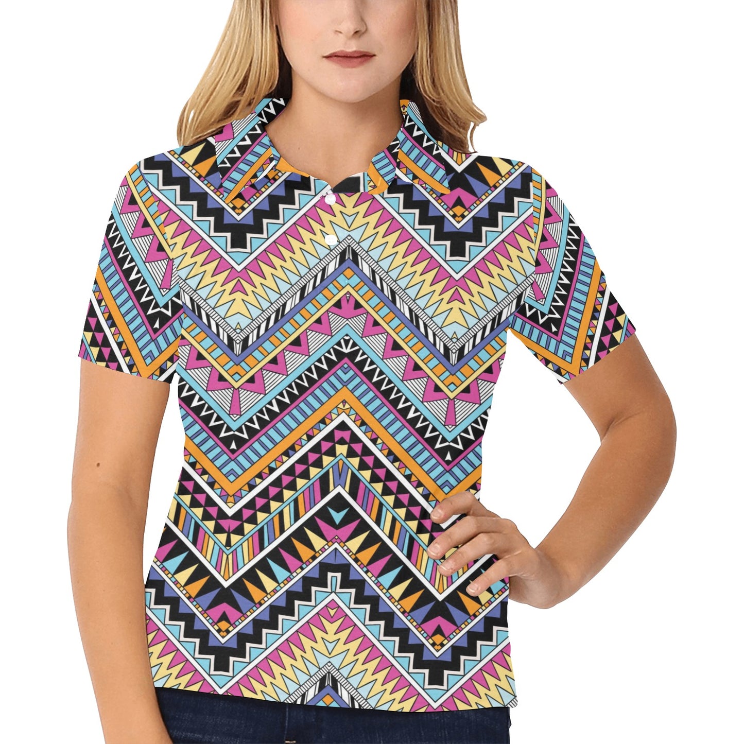 Multicolor zigzag Tribal Aztec Women's Polo Shirt