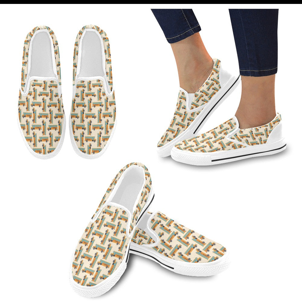 School Bus Print Design LKS305 White Slip Ons Canvas Women's Shoes