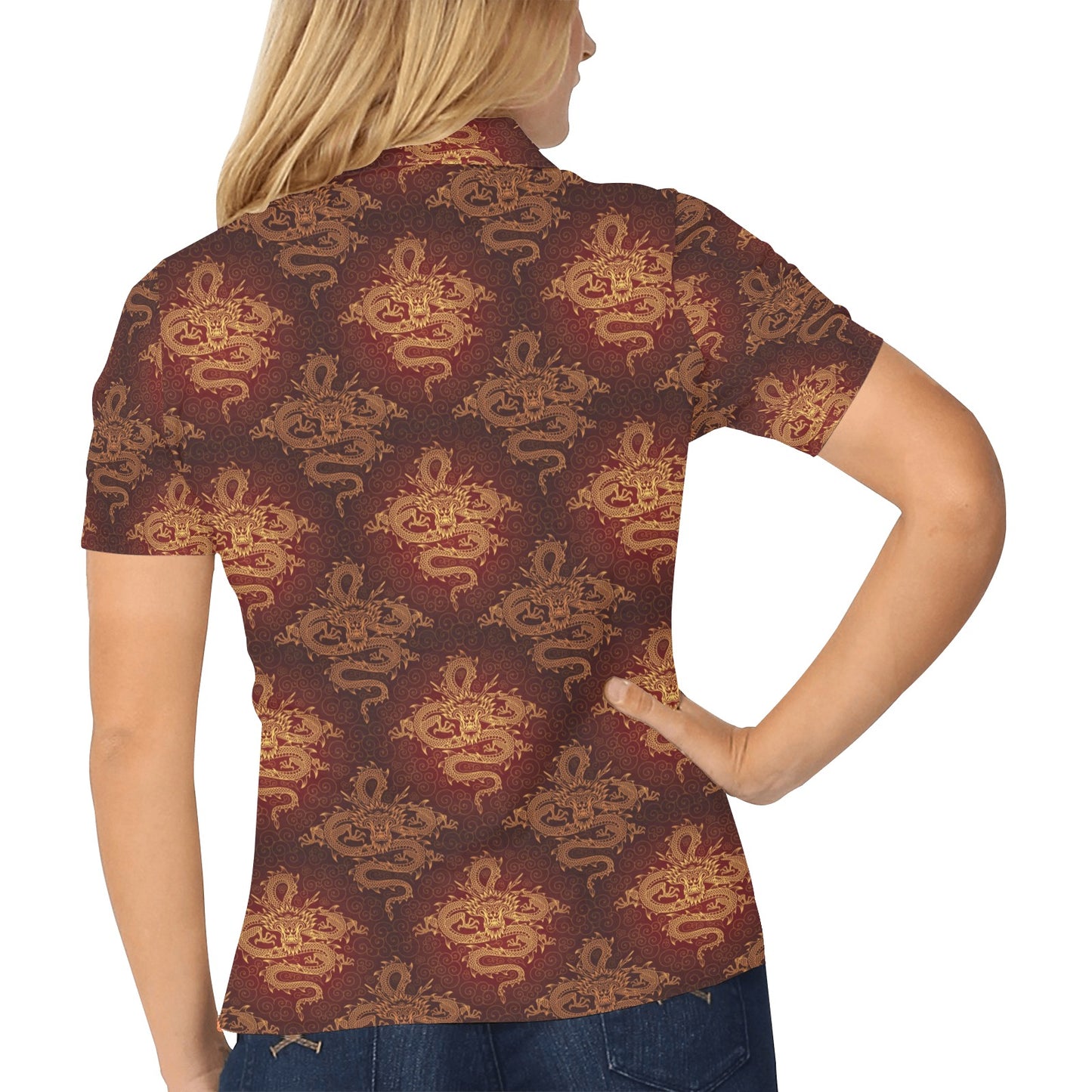 Chinese Dragons Gold Design Women's Polo Shirt