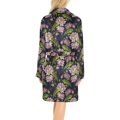 lotus Embroidered Pattern Print Design LO06 Women's Fleece Robe
