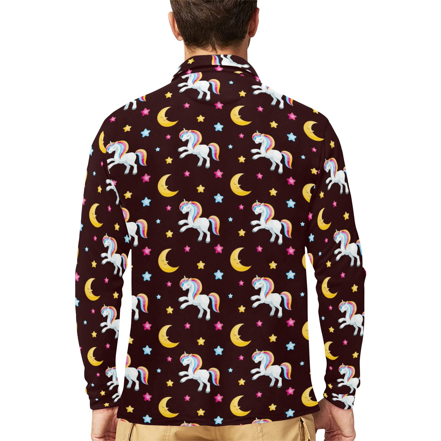 Unicorn Moon Star Long Sleeve Polo Shirt For Men's