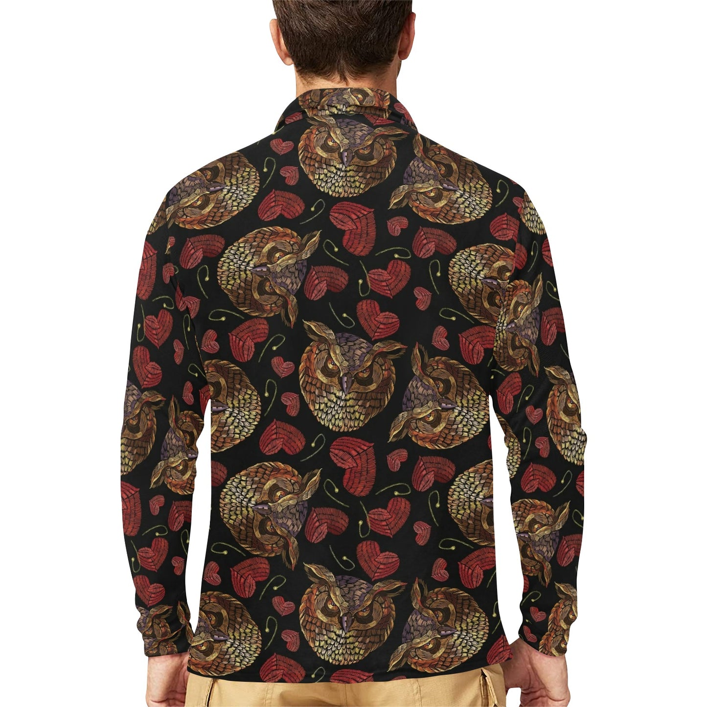 Owl Pattern Print Design A08 Long Sleeve Polo Shirt For Men's