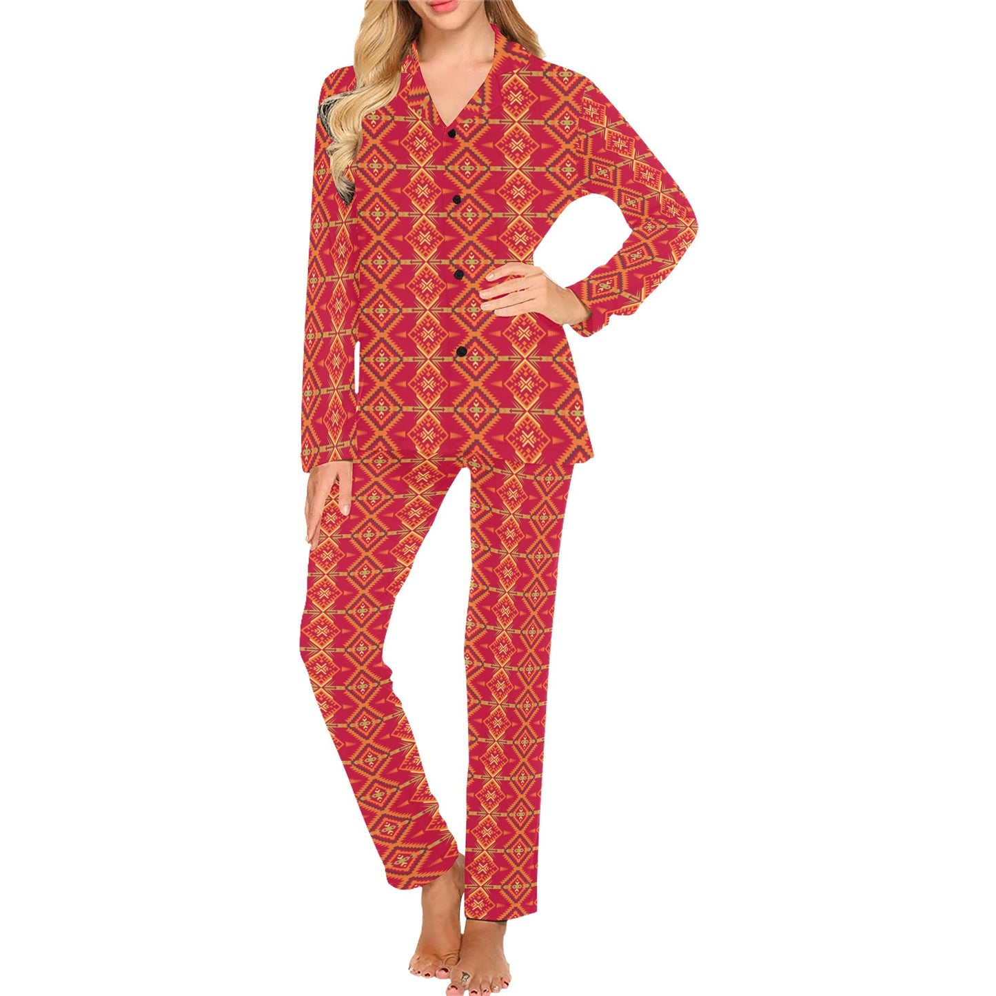 Southwest Aztec Design Themed Print Women's Long Pajama Set