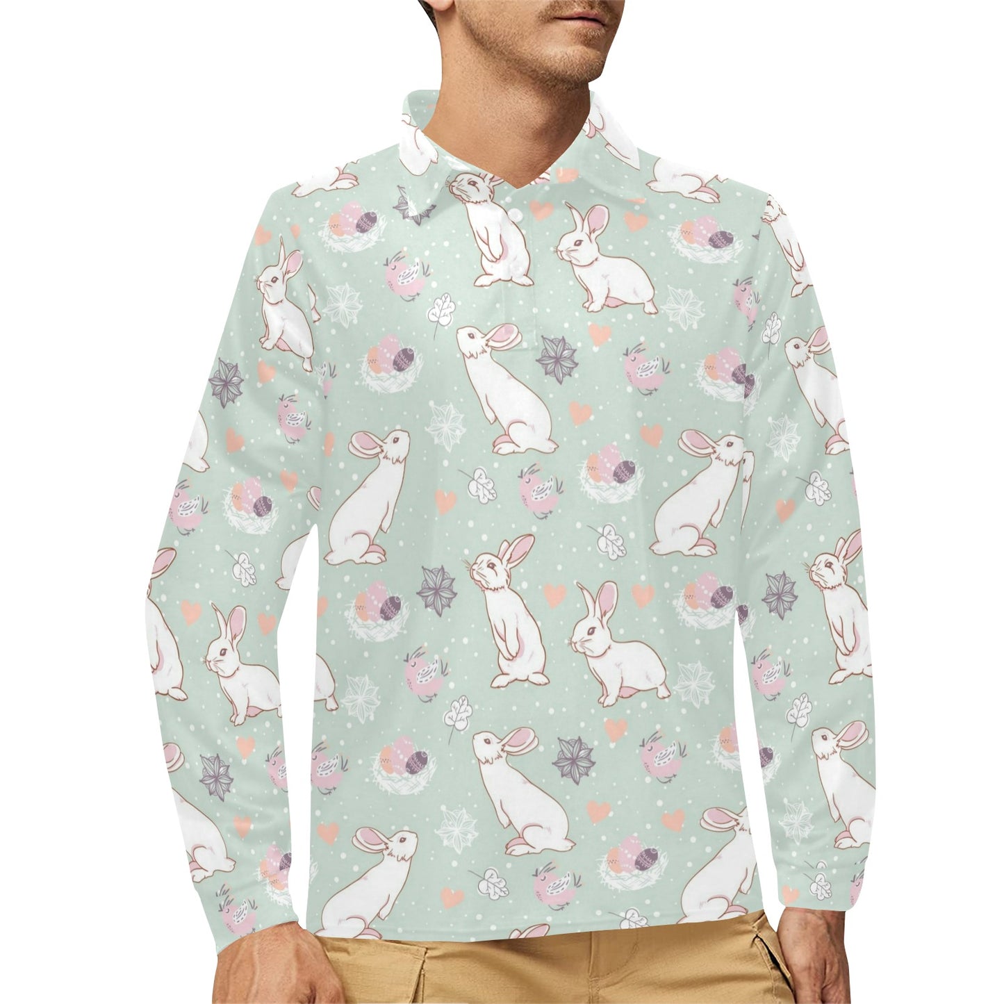 Rabbit Pattern Print Design RB011 Long Sleeve Polo Shirt For Men's