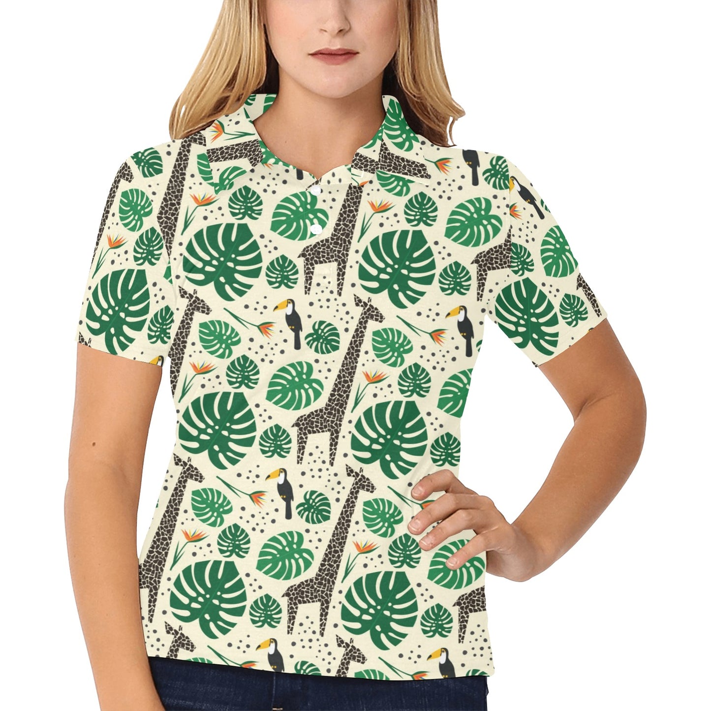 Rainforest Giraffe Pattern Print Design A02 Women's Polo Shirt