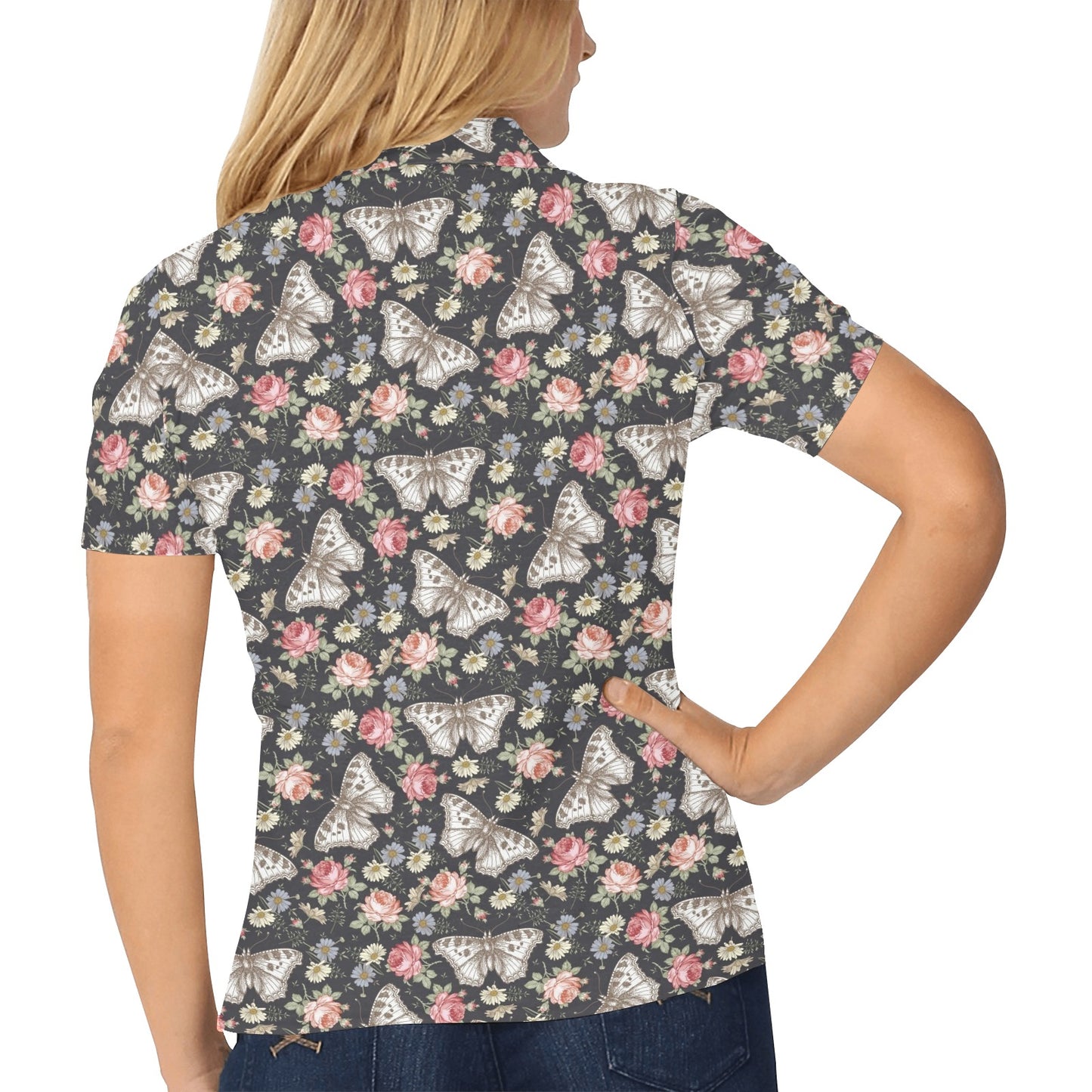 Butterfly Flower Pattern Print Design 07 Women's Polo Shirt