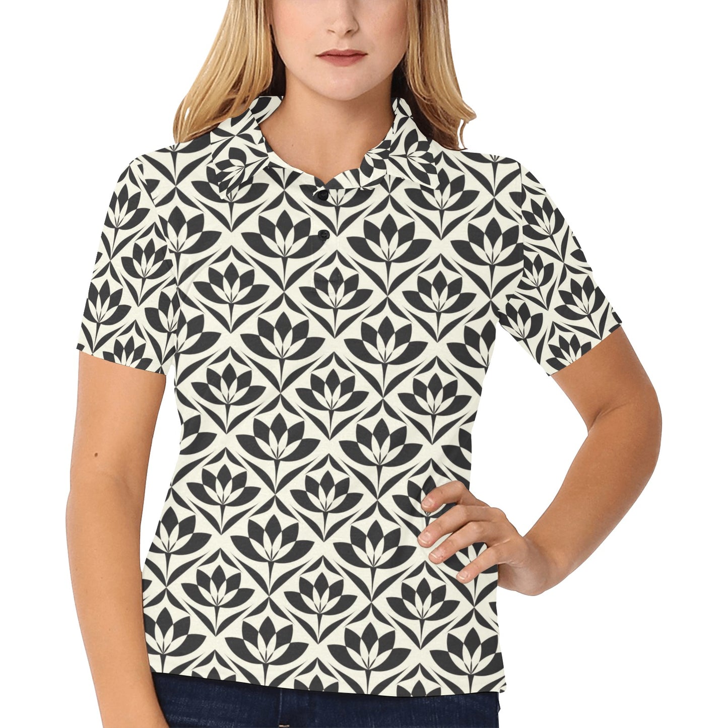 Lotus Pattern Print Women's Polo Shirt