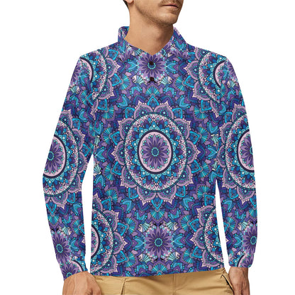 Mandala Pattern Print Design 04 Long Sleeve Polo Shirt For Men's