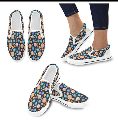 Planet Colorful Print Design LKS301 White Slip Ons Canvas Women's Shoes